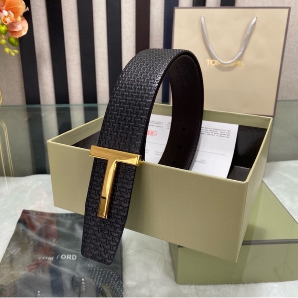 Tom Ford Black Textured Leather Belt with Gold T Buckle (Patterned)